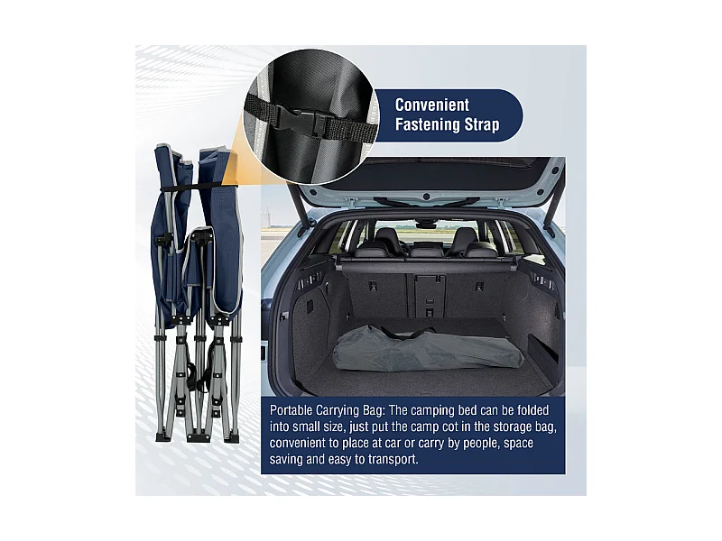 Lit de Camping Pliable en Toile Oxford à Double Couche, avec poche latérale et sac de transport, charge max 300kg, Bleu, 190x72x35cm