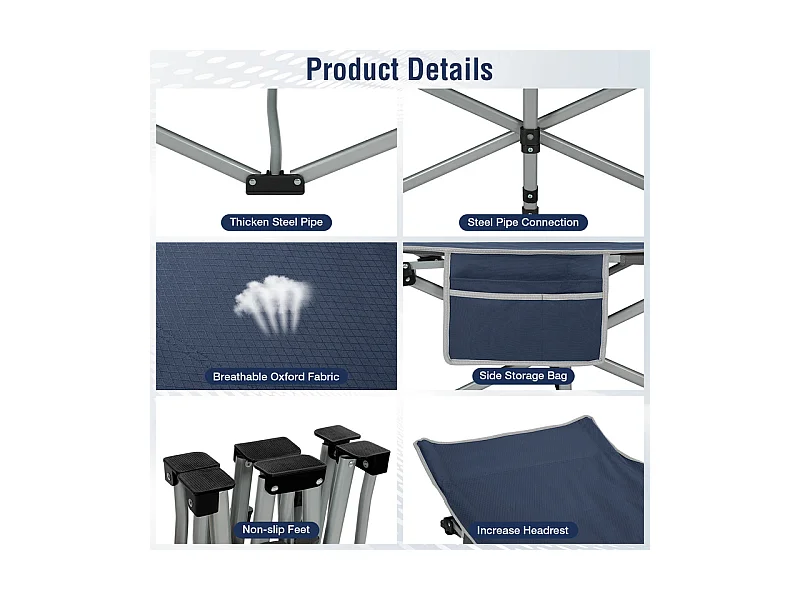 Lit de Camping Pliable en Toile Oxford à Double Couche, avec poche latérale et sac de transport, charge max 300kg, Bleu, 190x72x35cm