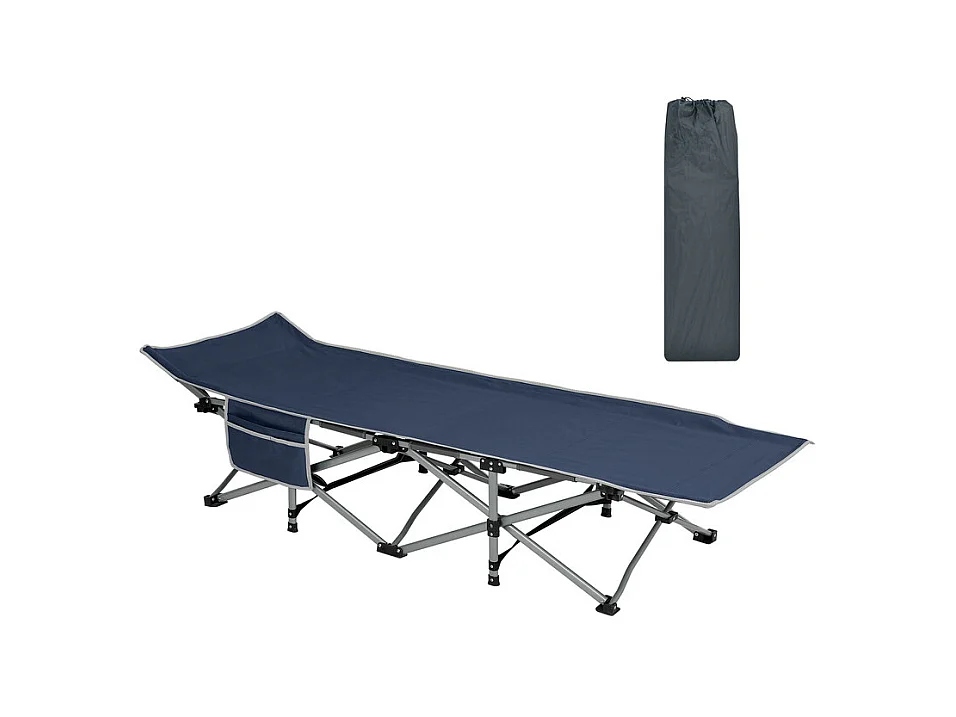 Lit de Camping Pliable en Toile Oxford à Double Couche, avec poche latérale et sac de transport, charge max 300kg, Bleu, 190x72x35cm