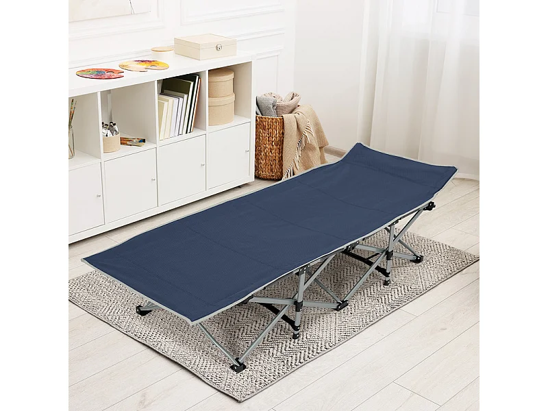 Lit de Camping Pliable en Toile Oxford à Double Couche, avec poche latérale et sac de transport, charge max 300kg, Bleu, 190x72x35cm