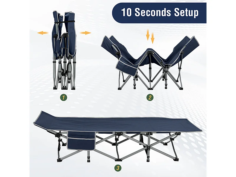 Lit de Camping Pliable en Toile Oxford à Double Couche, avec poche latérale et sac de transport, charge max 300kg, Bleu, 190x72x35cm