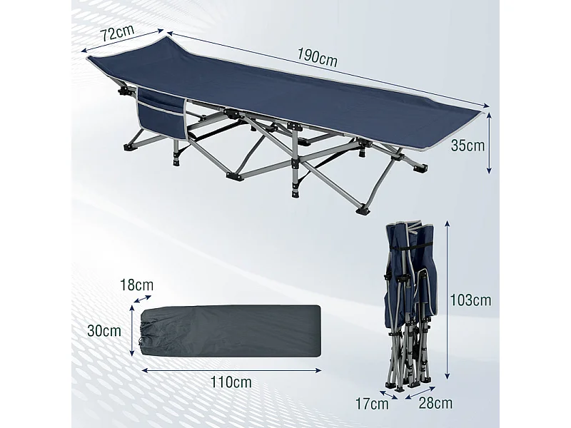 Lit de Camping Pliable en Toile Oxford à Double Couche, avec poche latérale et sac de transport, charge max 300kg, Bleu, 190x72x35cm