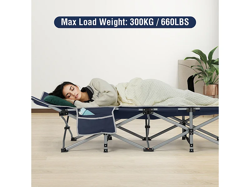 Lit de Camping Pliable en Toile Oxford à Double Couche, avec poche latérale et sac de transport, charge max 300kg, Bleu, 190x72x35cm