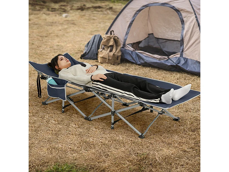Lit de Camping Pliable en Toile Oxford à Double Couche, avec poche latérale et sac de transport, charge max 300kg, Bleu, 190x72x35cm