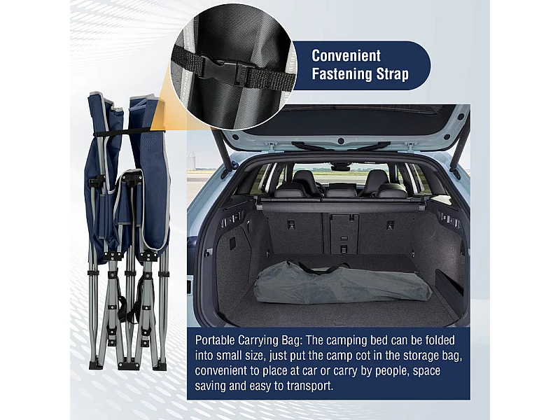 Lit de Camping Pliable en Toile Oxford à Double Couche, avec poche latérale et sac de transport, charge max 300kg, Bleu, 190x72x35cm