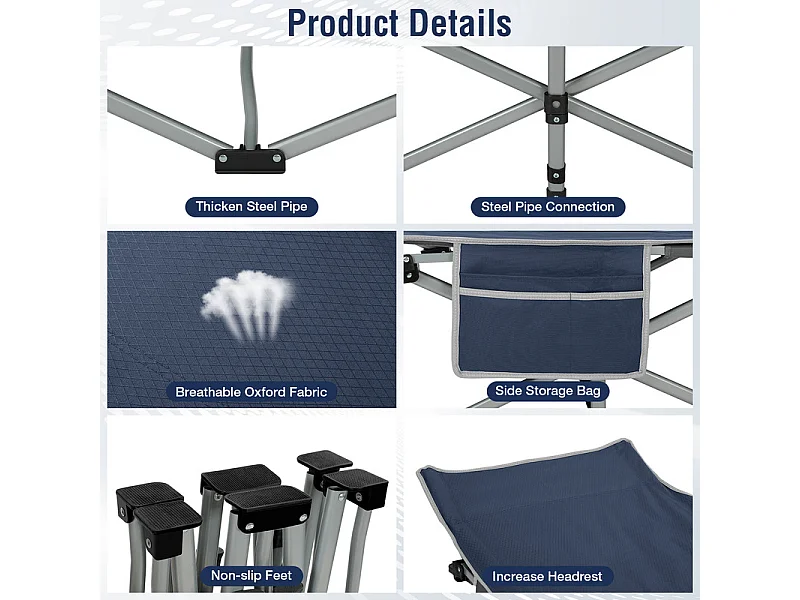 Lit de Camping Pliable en Toile Oxford à Double Couche, avec poche latérale et sac de transport, charge max 300kg, Bleu, 190x72x35cm