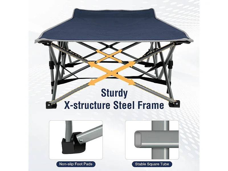 Lit de Camping Pliable en Toile Oxford à Double Couche, avec poche latérale et sac de transport, charge max 300kg, Bleu, 190x72x35cm