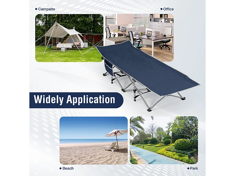 Lit de Camping Pliable en Toile Oxford à Double Couche, avec poche latérale et sac de transport, charge max 300kg, Bleu, 190x72x35cm