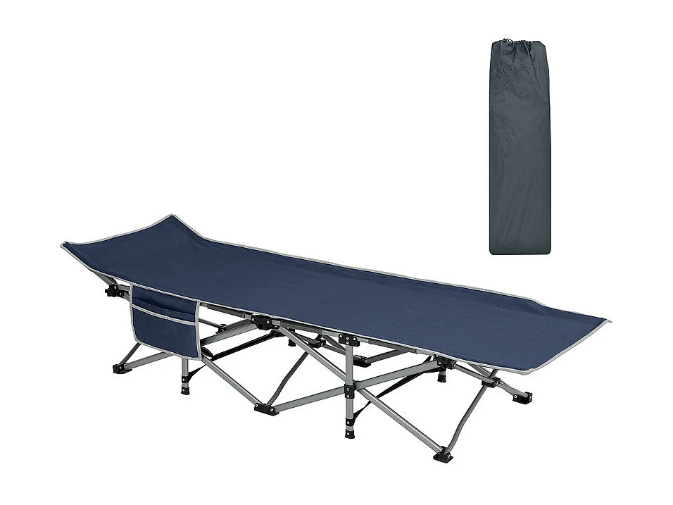 Lit de Camping Pliable en Toile Oxford à Double Couche, avec poche latérale et sac de transport, charge max 300kg, Bleu, 190x72x35cm