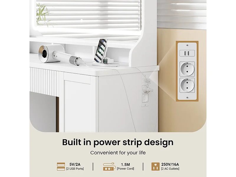 Penteadeira, Grande Espelho LED com Brilho Ajustável, 1 Gaveta e 2 Portas, 2 Tomadas AC e 2 Portas USB, Branco, 110x40x135cm