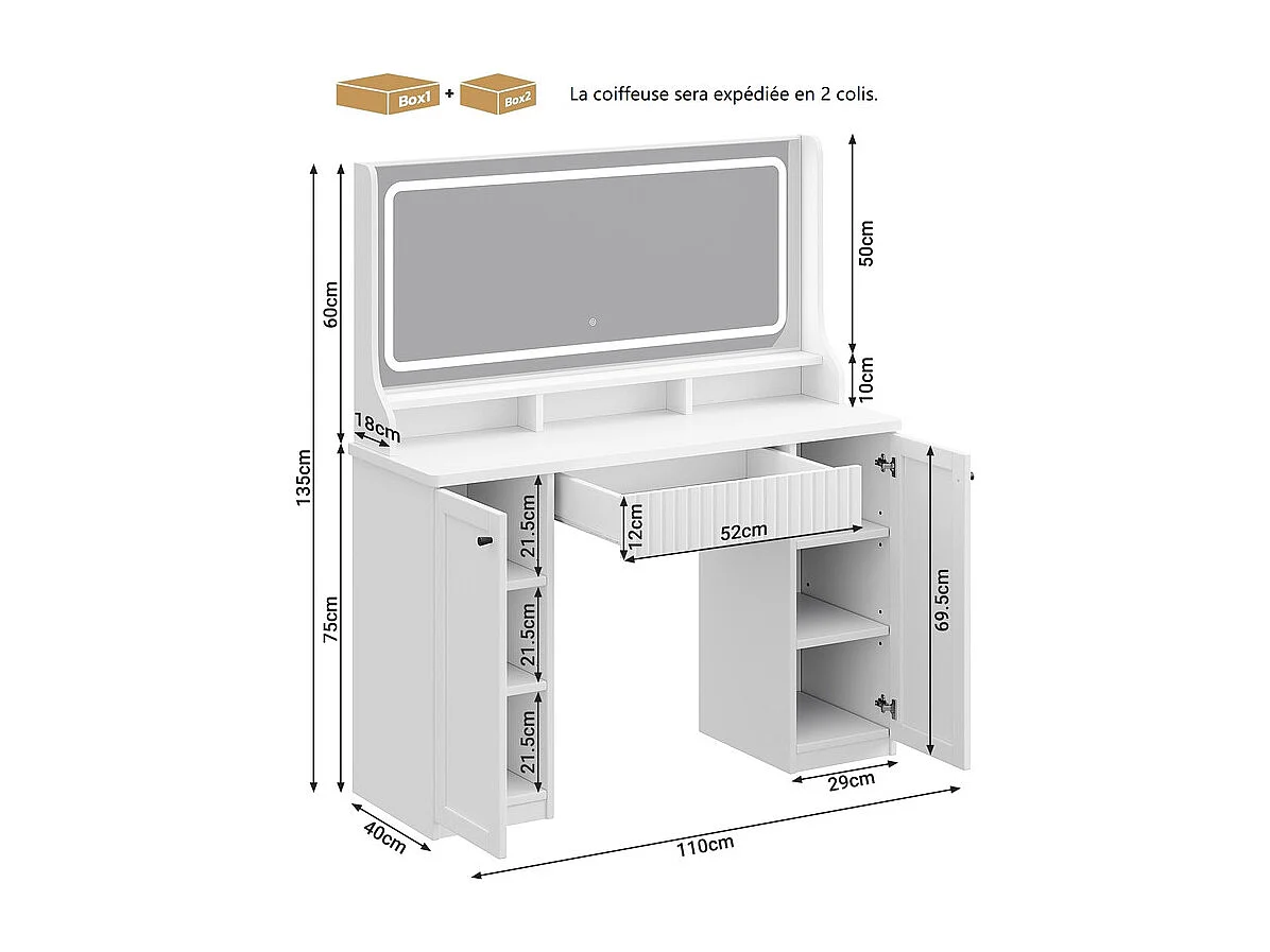 Penteadeira, Grande Espelho LED com Brilho Ajustável, 1 Gaveta e 2 Portas, 2 Tomadas AC e 2 Portas USB, Branco, 110x40x135cm