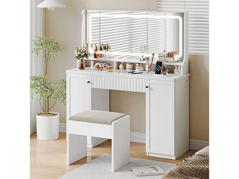 Penteadeira, Grande Espelho LED com Brilho Ajustável, 1 Gaveta e 2 Portas, 2 Tomadas AC e 2 Portas USB, Branco, 110x40x135cm