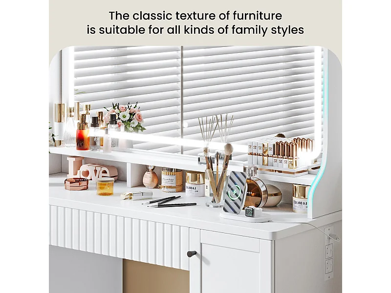 Penteadeira, Grande Espelho LED com Brilho Ajustável, 1 Gaveta e 2 Portas, 2 Tomadas AC e 2 Portas USB, Branco, 110x40x135cm