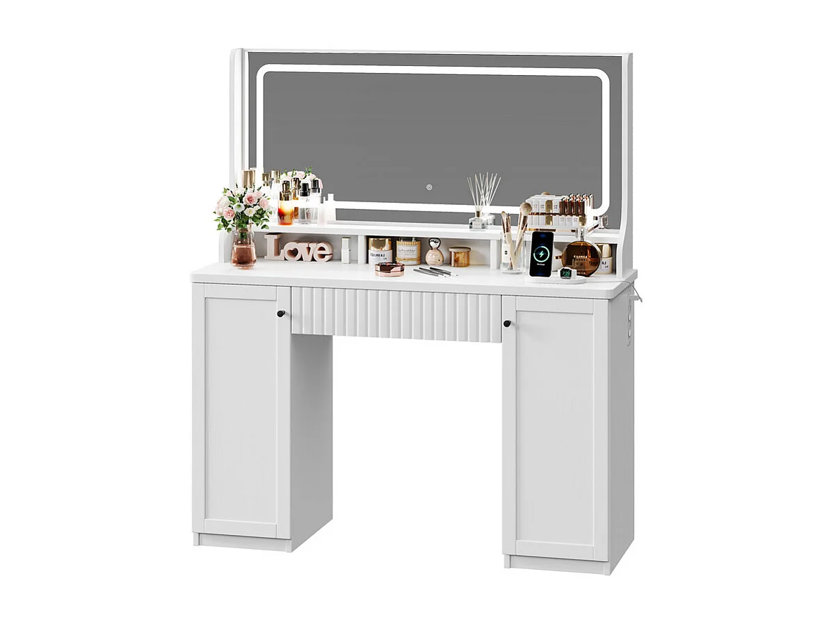 Penteadeira, Grande Espelho LED com Brilho Ajustável, 1 Gaveta e 2 Portas, 2 Tomadas AC e 2 Portas USB, Branco, 110x40x135cm