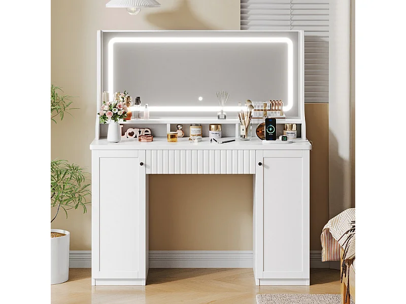 Kaptafel, Grote LED-spiegel met instelbare helderheid, 1 La en 2 Deuren, 2 AC-stopcontacten en 2 USB-poorten, Wit, 110x40x135cm