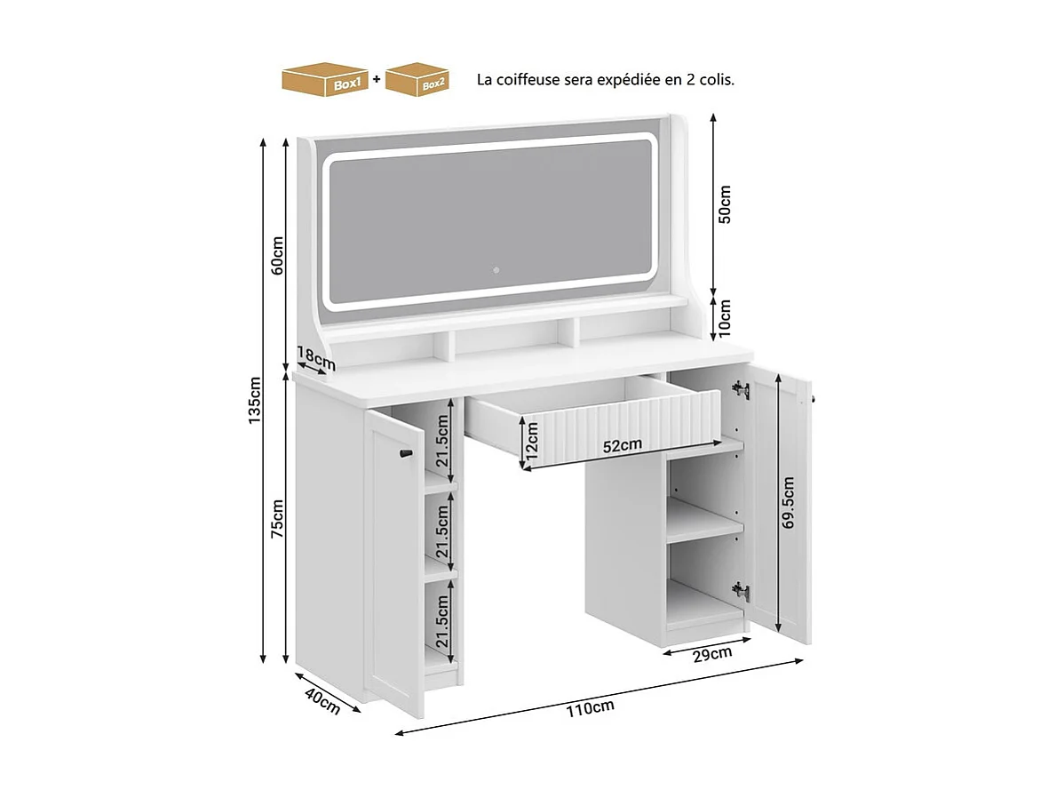 Kaptafel, Grote LED-spiegel met instelbare helderheid, 1 La en 2 Deuren, 2 AC-stopcontacten en 2 USB-poorten, Wit, 110x40x135cm