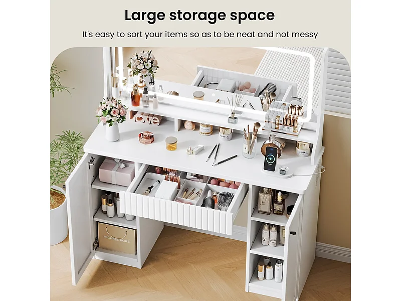 Kaptafel, Grote LED-spiegel met instelbare helderheid, 1 La en 2 Deuren, 2 AC-stopcontacten en 2 USB-poorten, Wit, 110x40x135cm