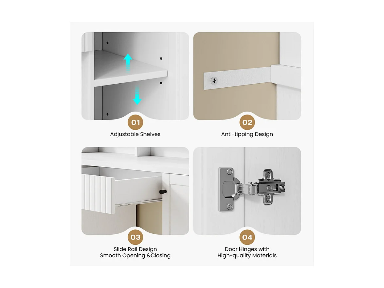 Kaptafel, Grote LED-spiegel met instelbare helderheid, 1 La en 2 Deuren, 2 AC-stopcontacten en 2 USB-poorten, Wit, 110x40x135cm