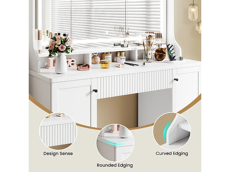 Kaptafel, Grote LED-spiegel met instelbare helderheid, 1 La en 2 Deuren, 2 AC-stopcontacten en 2 USB-poorten, Wit, 110x40x135cm