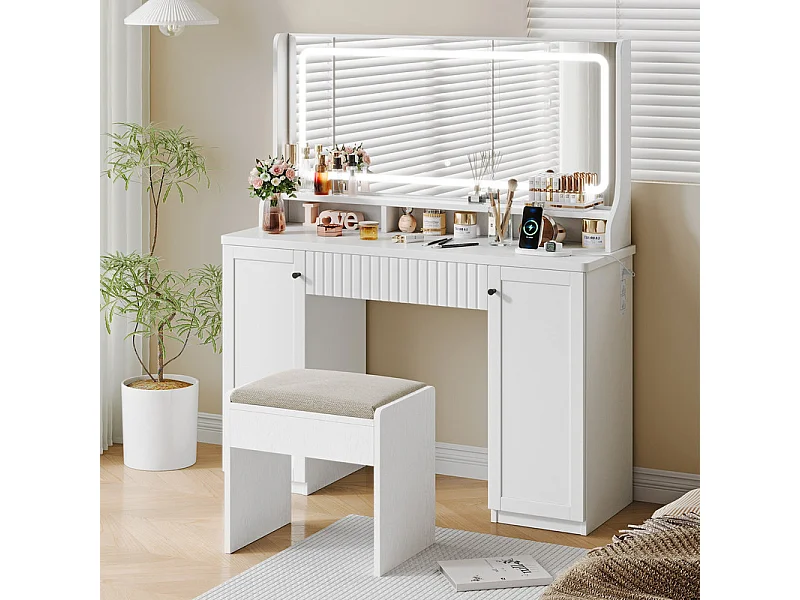 Kaptafel, Grote LED-spiegel met instelbare helderheid, 1 La en 2 Deuren, 2 AC-stopcontacten en 2 USB-poorten, Wit, 110x40x135cm