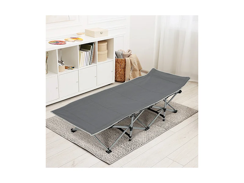 Lit de Camping Pliable en Toile Oxford à Double Couche, avec poche latérale et sac de transport, charge max 300kg, Gris, 190x72x35cm