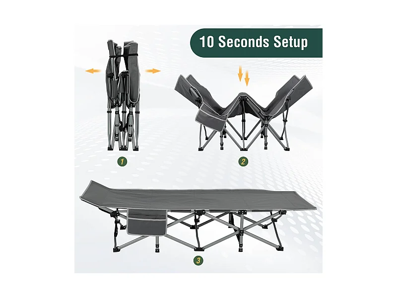 Lit de Camping Pliable en Toile Oxford à Double Couche, avec poche latérale et sac de transport, charge max 300kg, Gris, 190x72x35cm