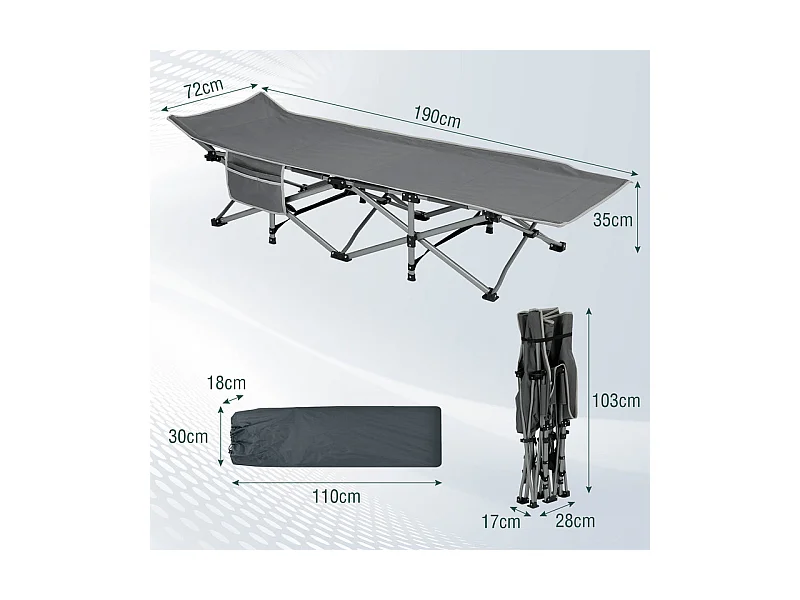 Lit de Camping Pliable en Toile Oxford à Double Couche, avec poche latérale et sac de transport, charge max 300kg, Gris, 190x72x35cm