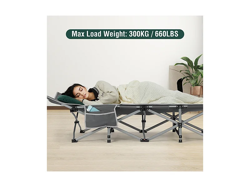 Lit de Camping Pliable en Toile Oxford à Double Couche, avec poche latérale et sac de transport, charge max 300kg, Gris, 190x72x35cm