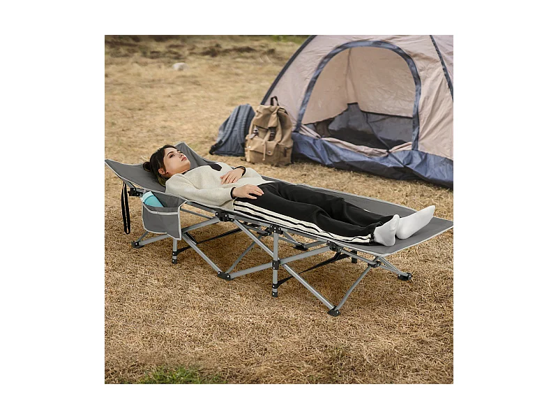 Lit de Camping Pliable en Toile Oxford à Double Couche, avec poche latérale et sac de transport, charge max 300kg, Gris, 190x72x35cm