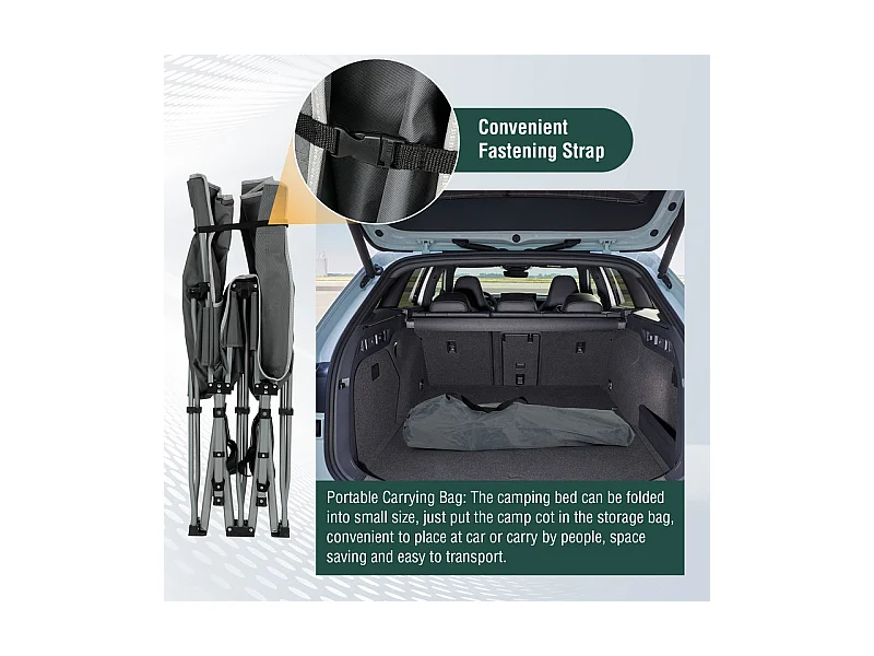 Lit de Camping Pliable en Toile Oxford à Double Couche, avec poche latérale et sac de transport, charge max 300kg, Gris, 190x72x35cm