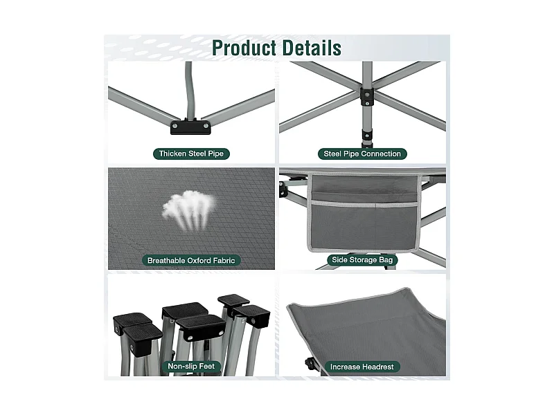 Lit de Camping Pliable en Toile Oxford à Double Couche, avec poche latérale et sac de transport, charge max 300kg, Gris, 190x72x35cm