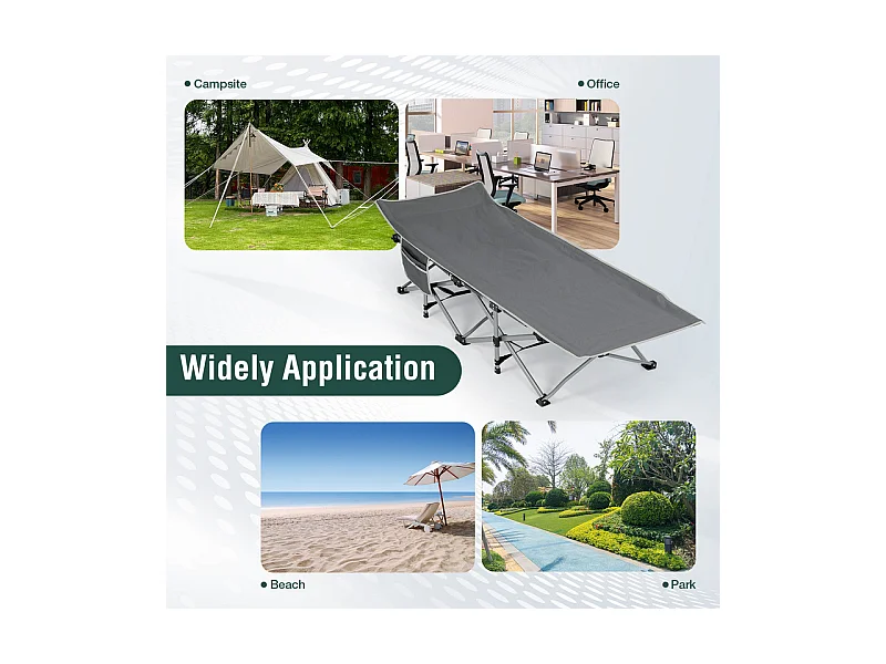 Lit de Camping Pliable en Toile Oxford à Double Couche, avec poche latérale et sac de transport, charge max 300kg, Gris, 190x72x35cm