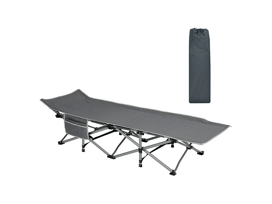 Lit de Camping Pliable en Toile Oxford à Double Couche, avec poche latérale et sac de transport, charge max 300kg, Gris, 190x72x35cm