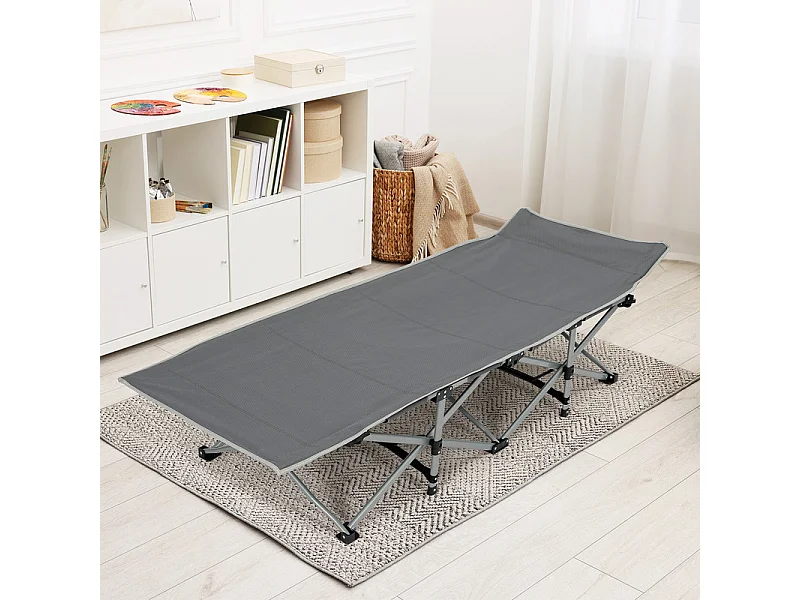 Lit de Camping Pliable en Toile Oxford à Double Couche, avec poche latérale et sac de transport, charge max 300kg, Gris, 190x72x35cm