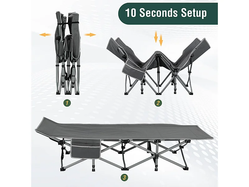 Lit de Camping Pliable en Toile Oxford à Double Couche, avec poche latérale et sac de transport, charge max 300kg, Gris, 190x72x35cm
