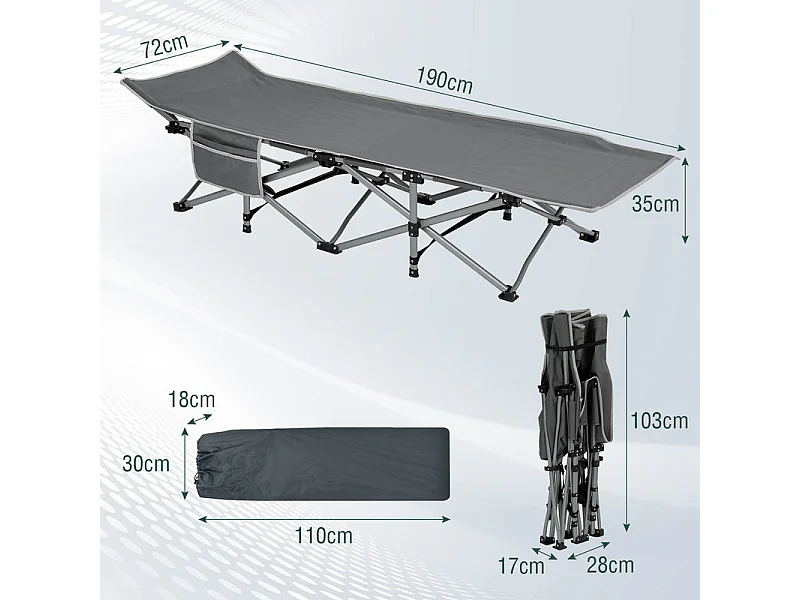 Lit de Camping Pliable en Toile Oxford à Double Couche, avec poche latérale et sac de transport, charge max 300kg, Gris, 190x72x35cm
