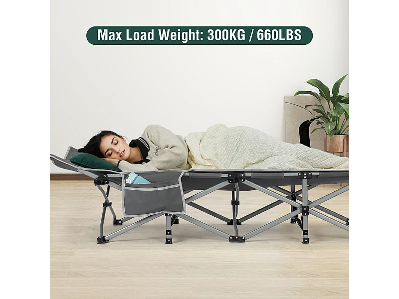 Lit de Camping Pliable en Toile Oxford à Double Couche, avec poche latérale et sac de transport, charge max 300kg, Gris, 190x72x35cm