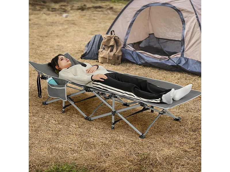 Lit de Camping Pliable en Toile Oxford à Double Couche, avec poche latérale et sac de transport, charge max 300kg, Gris, 190x72x35cm