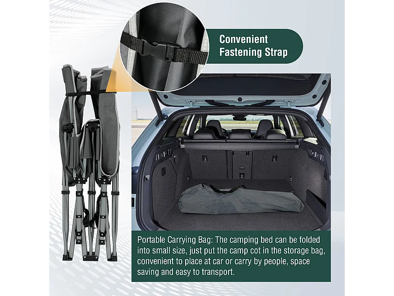 Lit de Camping Pliable en Toile Oxford à Double Couche, avec poche latérale et sac de transport, charge max 300kg, Gris, 190x72x35cm