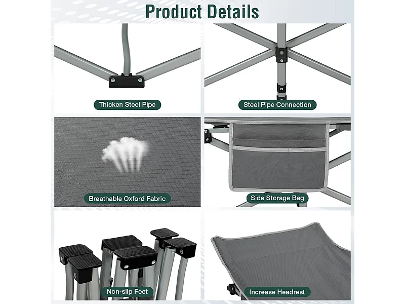 Lit de Camping Pliable en Toile Oxford à Double Couche, avec poche latérale et sac de transport, charge max 300kg, Gris, 190x72x35cm