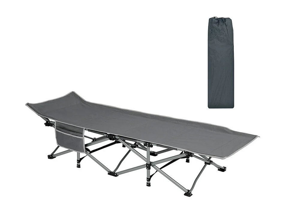 Lit de Camping Pliable en Toile Oxford à Double Couche, avec poche latérale et sac de transport, charge max 300kg, Gris, 190x72x35cm