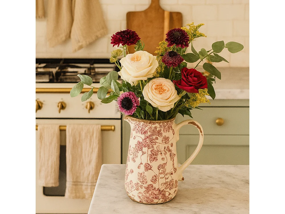 Pichet en céramique émaillée "Fleurs Bordeaux" 20.5 x 14.5 x 23 cm