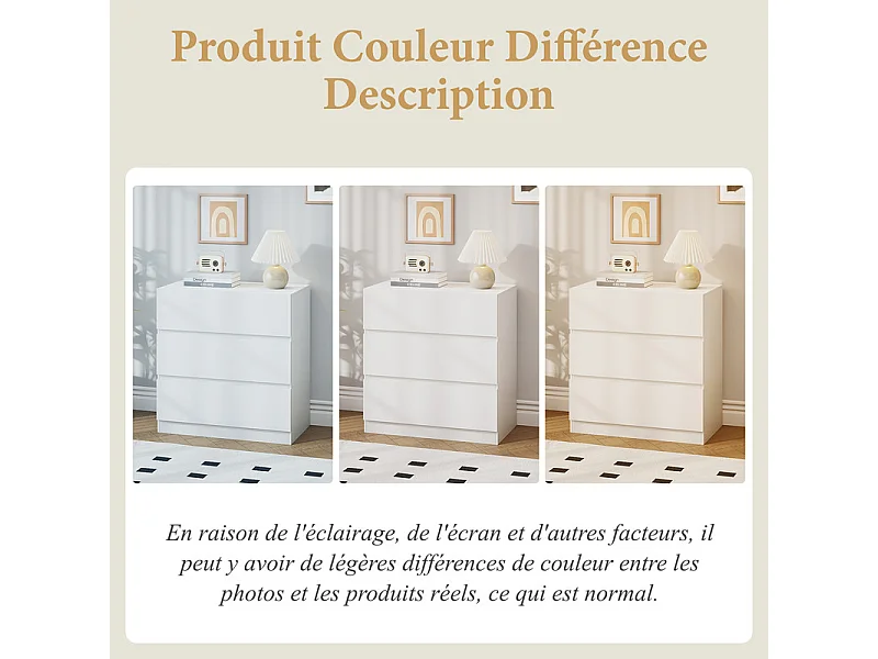 Commode 3 Tiroirs - avec mécanisme de fermeture en douceur - meuble de rangement - 70x40x73cm