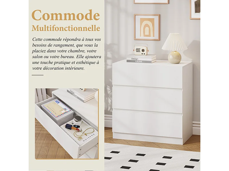 Commode 3 Tiroirs - avec mécanisme de fermeture en douceur - meuble de rangement - 70x40x73cm