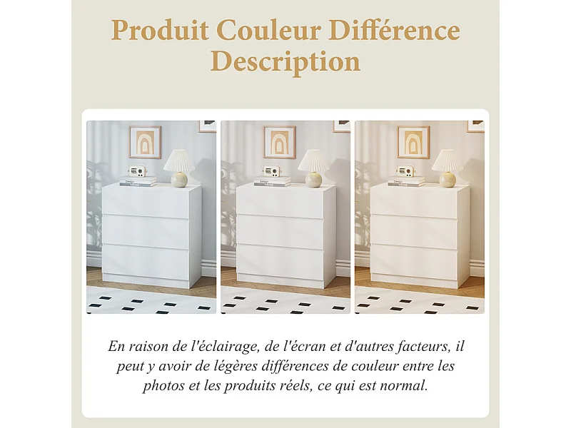 Commode 3 Tiroirs - avec mécanisme de fermeture en douceur - meuble de rangement - 70x40x73cm