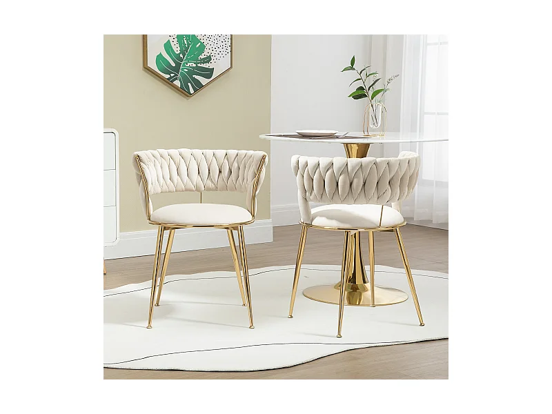 Lot de 2 chaises de salle à manger - 57 x 55 x 70 cm - pieds métal doré + coussins moelleux - velours - ivoire