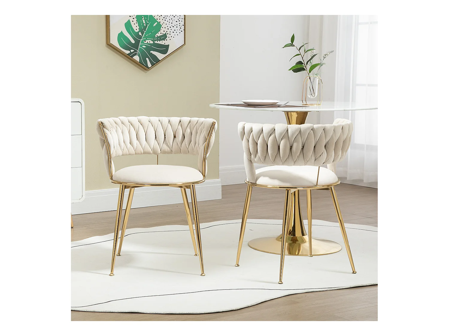 Lot de 2 chaises de salle à manger - 57 x 55 x 70 cm - pieds métal doré + coussins moelleux - velours - ivoire