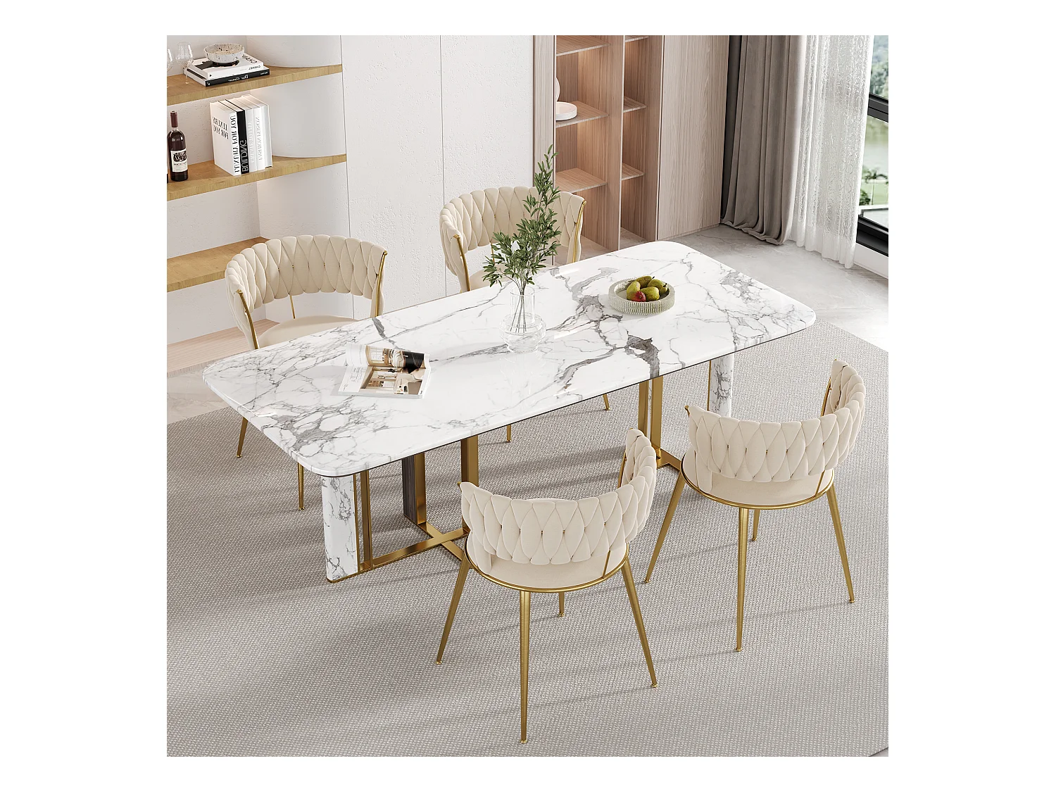 Lot de 2 chaises de salle à manger - 57 x 55 x 70 cm - pieds métal doré + coussins moelleux - velours - ivoire