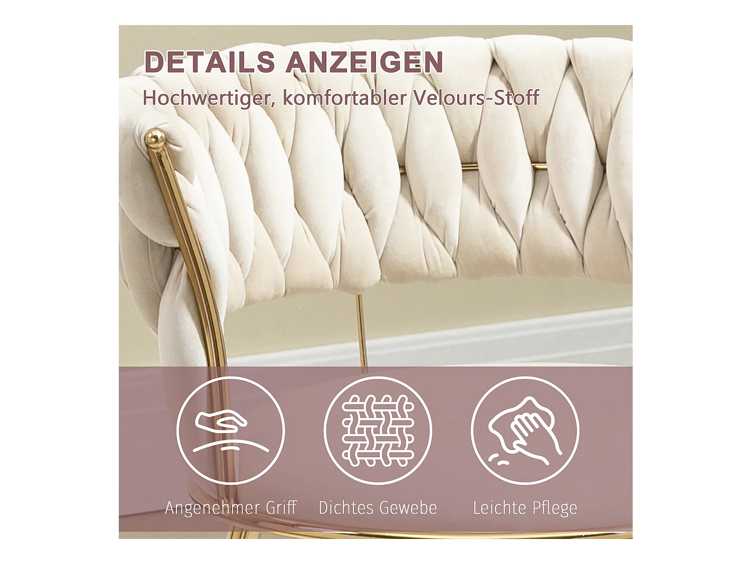 Lot de 2 chaises de salle à manger - 57 x 55 x 70 cm - pieds métal doré + coussins moelleux - velours - ivoire