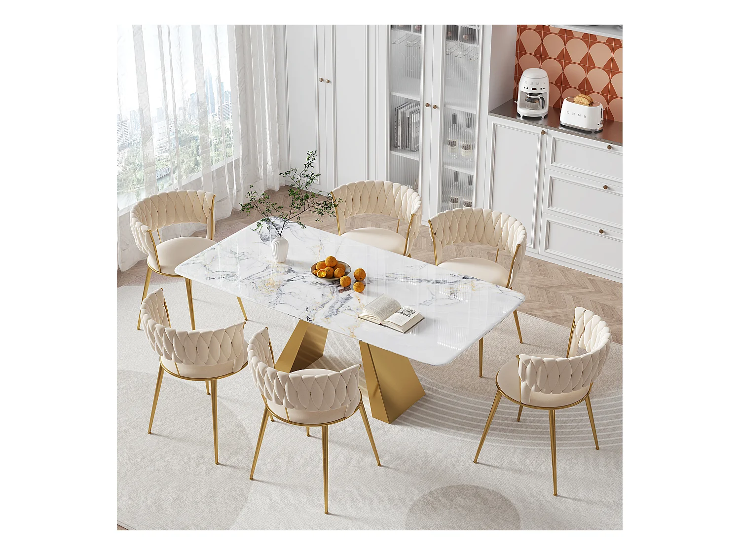 Lot de 2 chaises de salle à manger - 57 x 55 x 70 cm - pieds métal doré + coussins moelleux - velours - ivoire